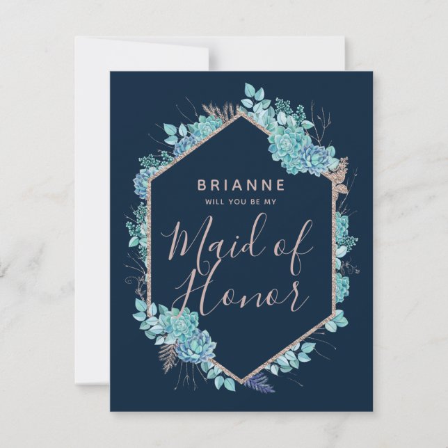 Navy Blue Succulents Will You Be My Maid of Honor Invitation (Front)