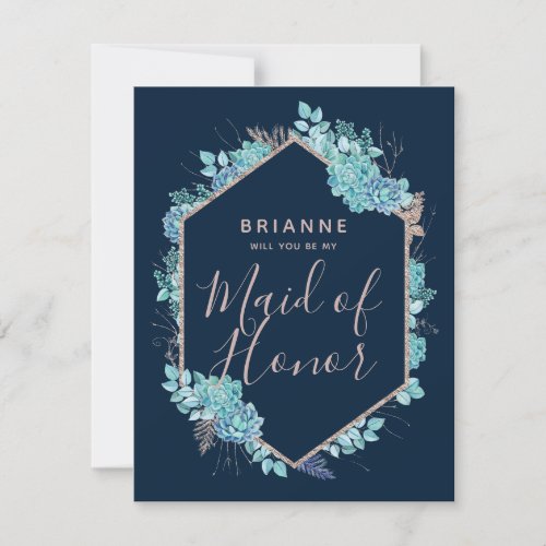 Navy Blue Succulents Will You Be My Maid of Honor Invitation