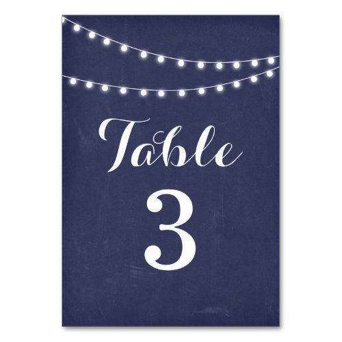 Navy Blue Summer String Light Wedding Table Number