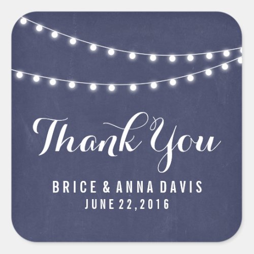 Navy Blue Summer String Light Wedding Thank You Square Sticker