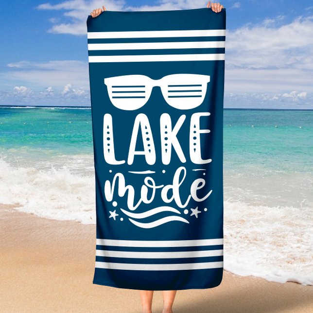 Navy Blue Summer Sunglasses Lake Mode Stripes Beach Towel (Navy Blue Summer Sunglasses Lake Mode Stripe Border Beach Towel)