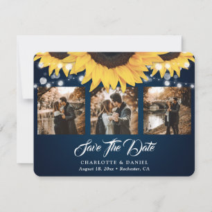 Navy Blue Sunflower 3 Photo Save The Date Cards