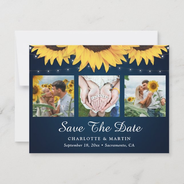 Navy Blue Sunflower 3 Photo Save The Date Cards (Front)