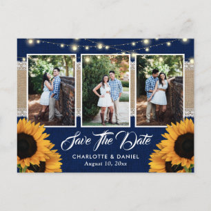 Navy Blue Sunflower 3 Photo Wedding Save The Date Announcement Postcard