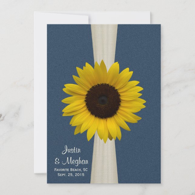 Navy Blue Sunflower and Burlap Wedding Invitation (Front)
