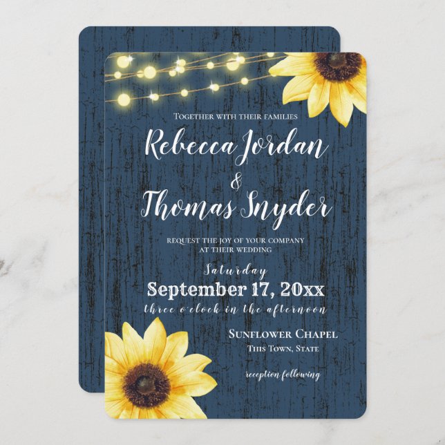 Navy Blue Sunflower and Lights Rustic Wedding Invitation (Front/Back)