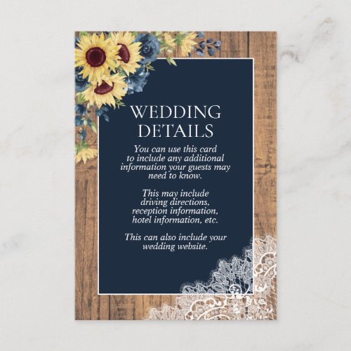 Navy Blue Sunflower Botanical Lace Wood Details Enclosure Card