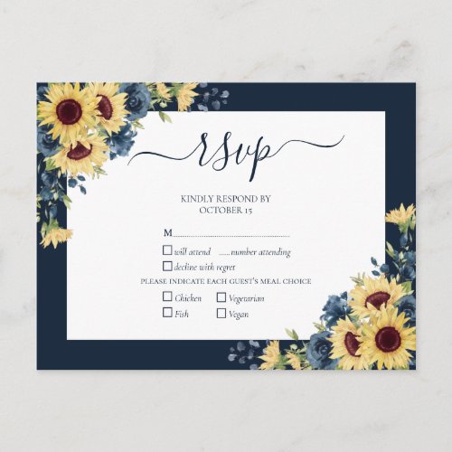 Navy Blue Sunflower Botanical Script Wedding RSVP Invitation Postcard