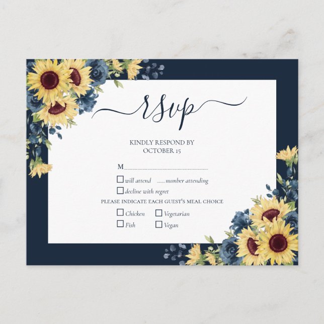 Navy Blue Sunflower Botanical Script Wedding RSVP Invitation Postcard (Front)