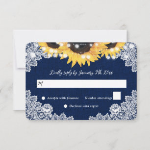 Navy Blue Sunflower Burlap Floral Lace Wedding RSVP Card