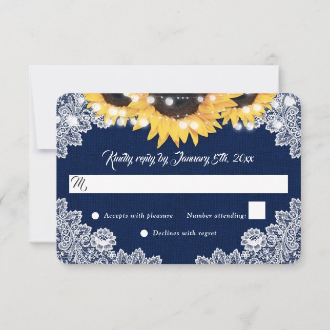 Navy Blue Sunflower Burlap Floral Lace Wedding RSVP Card (Front)