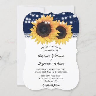 Navy Blue Sunflower Burlap Lace Country Wedding Invitation