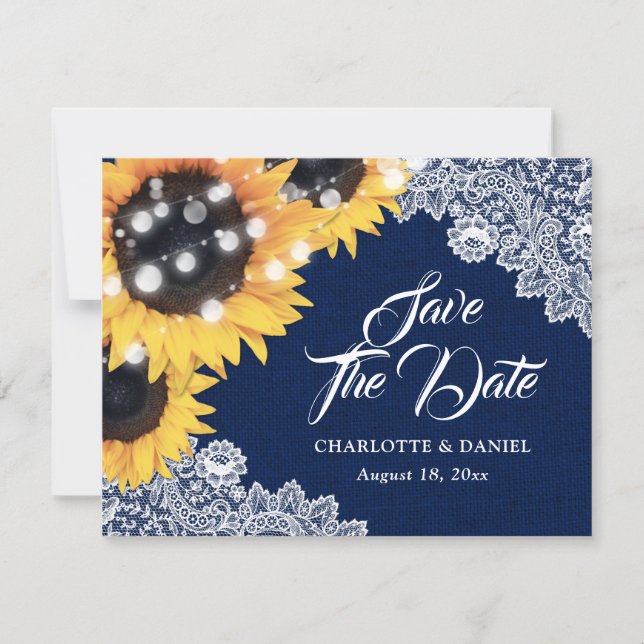 Navy Blue Sunflower Burlap Lace Wedding Announcement (Front)