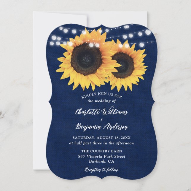Navy Blue Sunflower Burlap String Lights Wedding Invitation (Front)