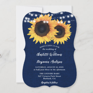 Navy Blue Sunflower Burlap String Lights Wedding Invitation