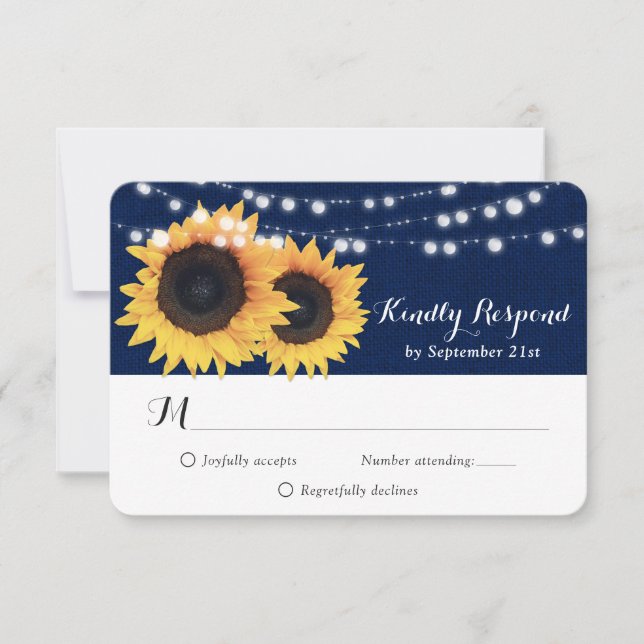 Navy Blue Sunflower Burlap String Lights Wedding RSVP Card (Front)