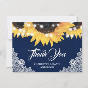 Navy Blue Sunflower Burlap String Lights Wedding Thank You Card