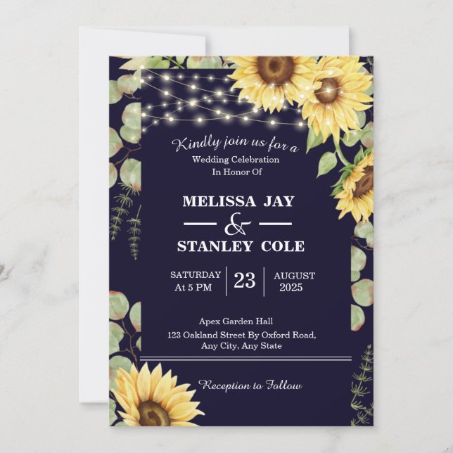 Navy Blue Sunflower Eucalyptus Lights Wedding Invitation (Front)