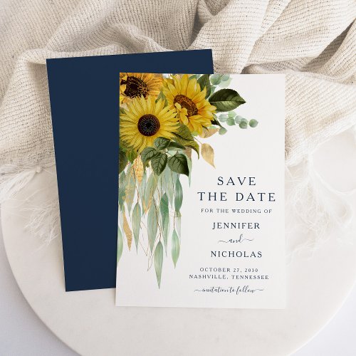 Navy Blue Sunflower Eucalyptus Wedding Save The Date