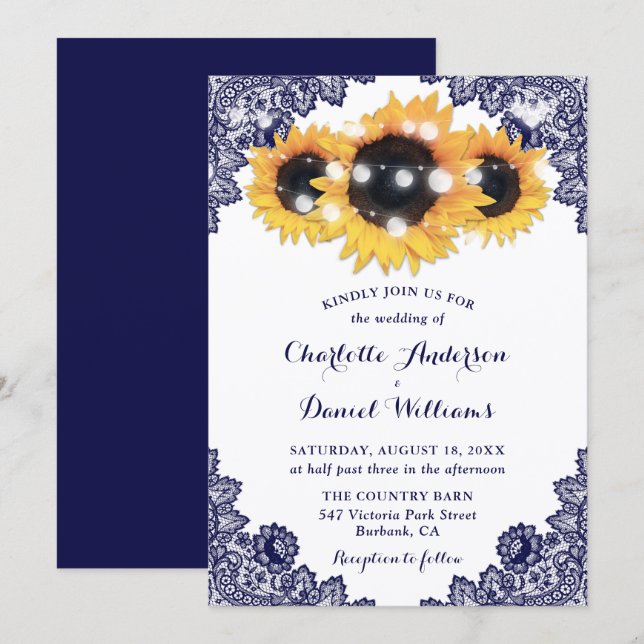 Navy Blue Sunflower Floral Lace Wedding Invitation (Front/Back)
