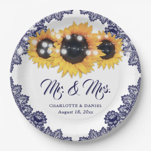 Navy Blue Sunflower Floral Lace Wedding Paper Plates