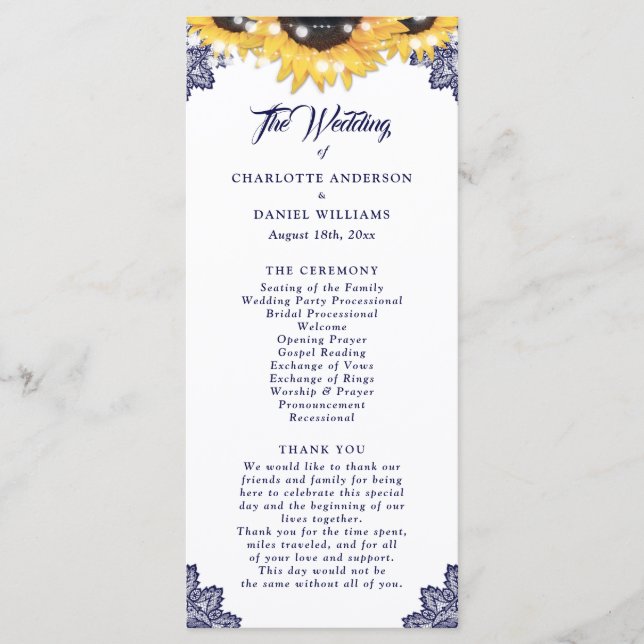 Navy Blue Sunflower Floral Lace Wedding Program (Front)