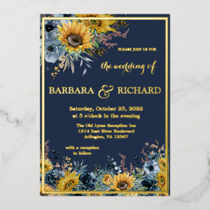 Navy Blue Sunflower Floral Wedding Gold Foil Invitation