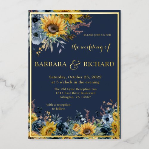 Navy Blue Sunflower Floral Wedding Gold Foil Invitation