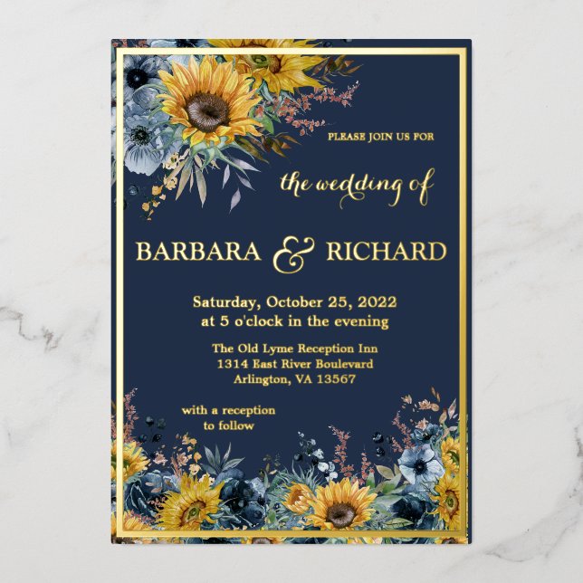 Navy Blue Sunflower Floral Wedding Gold Foil Invitation (Front)