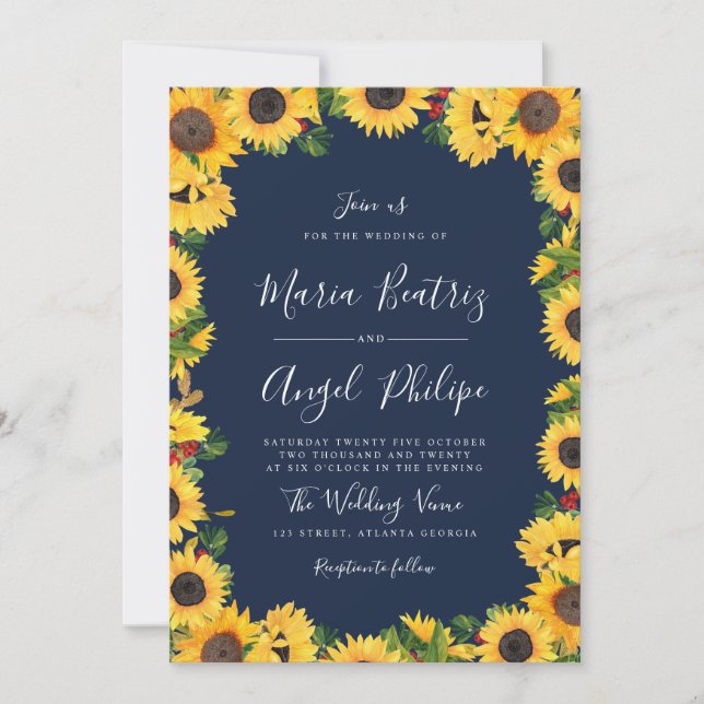 Navy blue sunflower floral wedding invitation (Front)