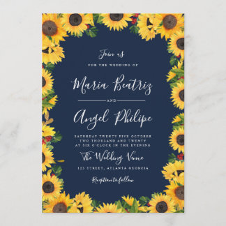Navy blue sunflower floral wedding invitation