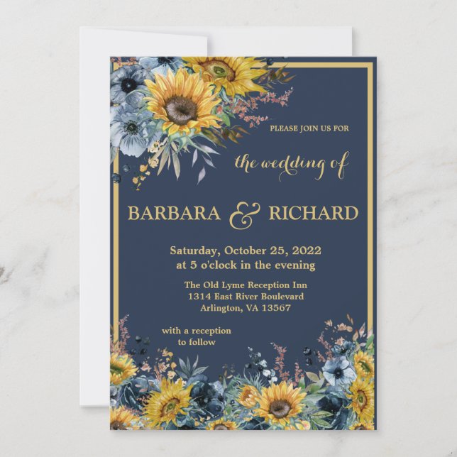 Navy Blue Sunflower Floral Wedding  Invitation (Front)