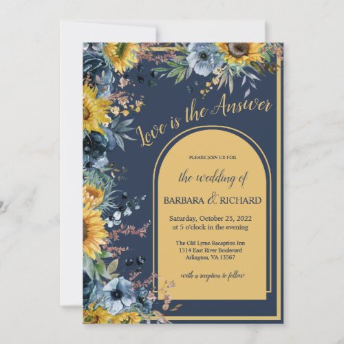 Navy Blue Sunflower Floral Wedding   Invitation
