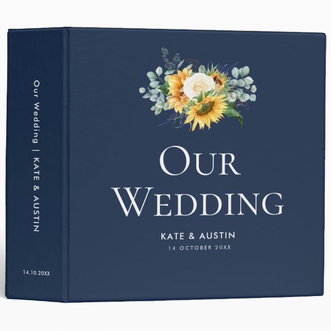 navy blue sunflower floral wedding photo album 3 ring binder (Front/Spine)