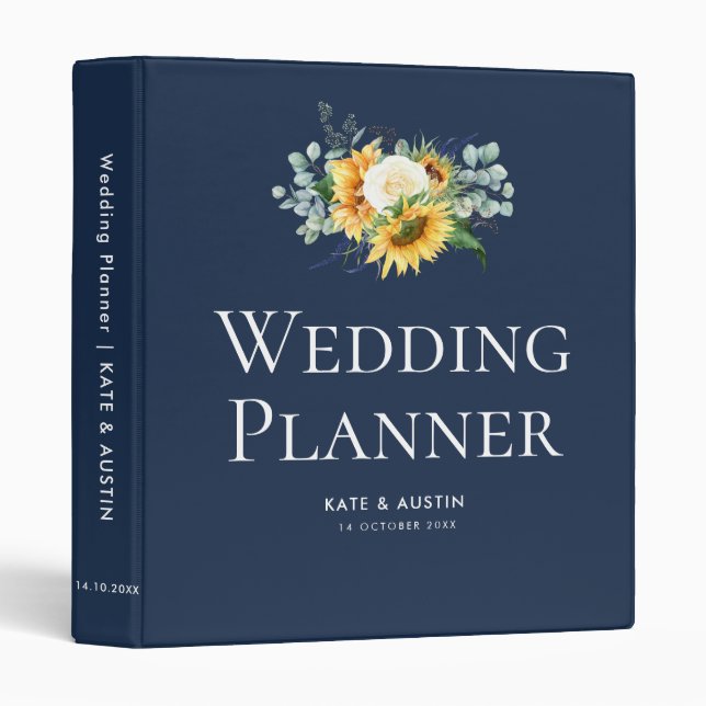 navy blue sunflower floral wedding planner 3 ring binder (Front/Spine)