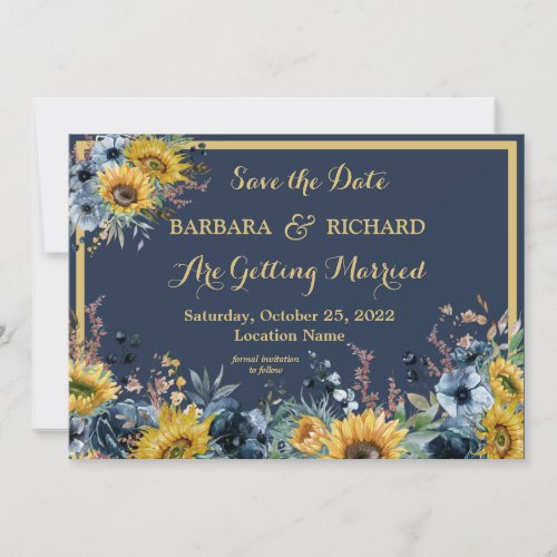 Navy Blue Sunflower Floral Wedding Save Date     Invitation