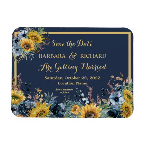 Navy Blue Sunflower Floral Wedding Save Date  Magnet