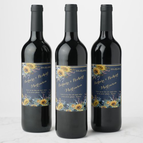 Navy Blue Sunflower Floral Wedding  Wine Label