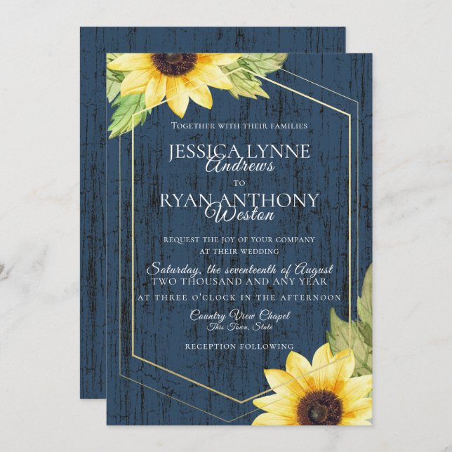 Navy Blue Sunflower Geometric Frame Rustic Wedding Invitation (Front/Back)