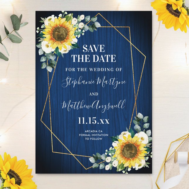 Navy Blue Sunflower Geometric Wedding Save The Date (Creator Uploaded)
