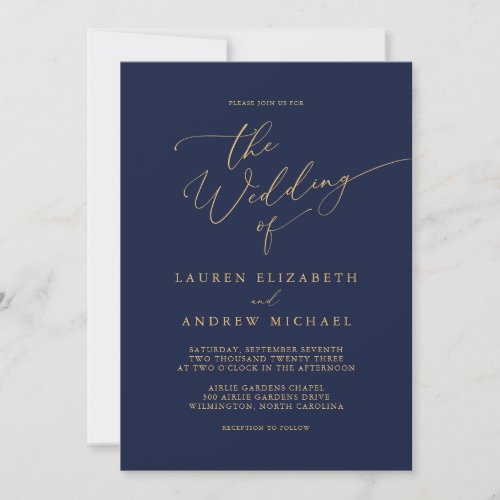 Navy Blue  Sunflower Gold Minimalist Wedding Invitation