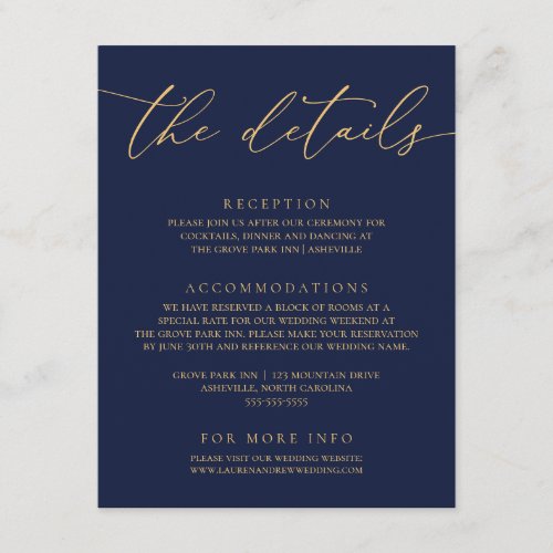 Navy Blue  Sunflower Gold Wedding Enclosure Card