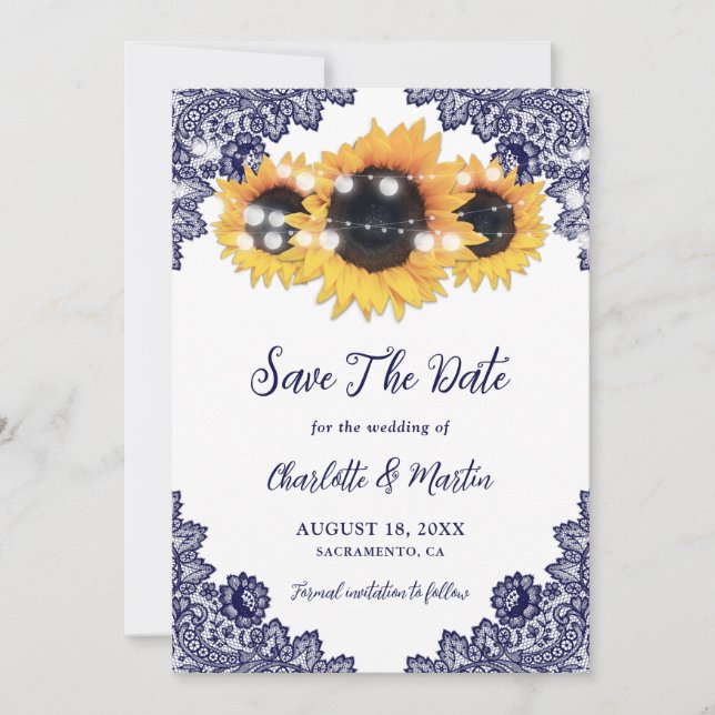 Navy Blue Sunflower Lace String Lights Wedding Save The Date (Front)