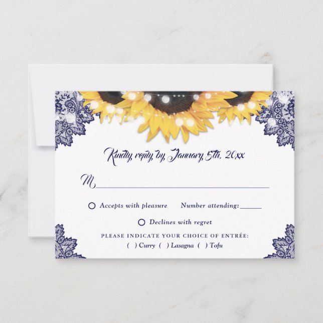 Navy Blue Sunflower Lace Wedding Meal Choice RSVP Card (Front)