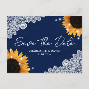 Navy Blue Sunflower Lace Wedding Save The Date Announcement Postcard