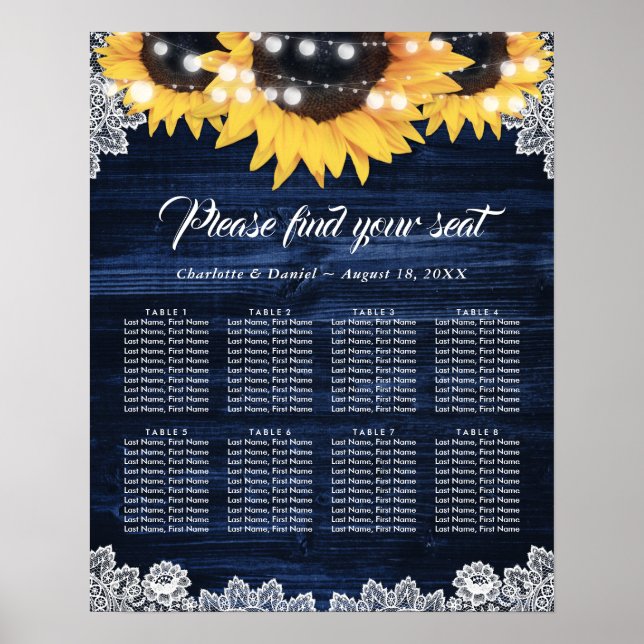 Navy Blue Sunflower Lace Wedding Seating Chart 8 (Front)