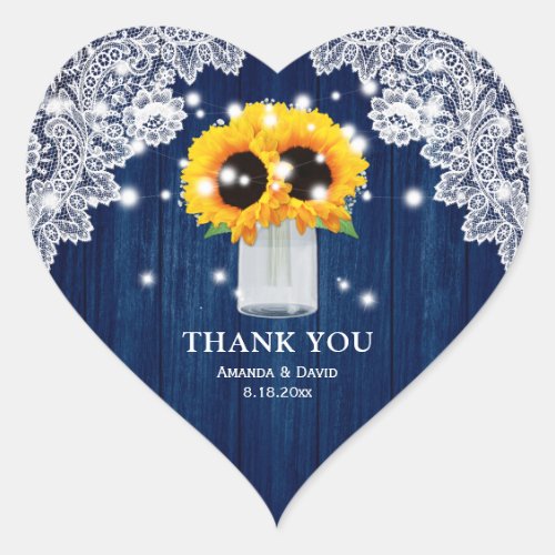Navy Blue Sunflower Lace Wood Mason Jar Wedding Heart Sticker