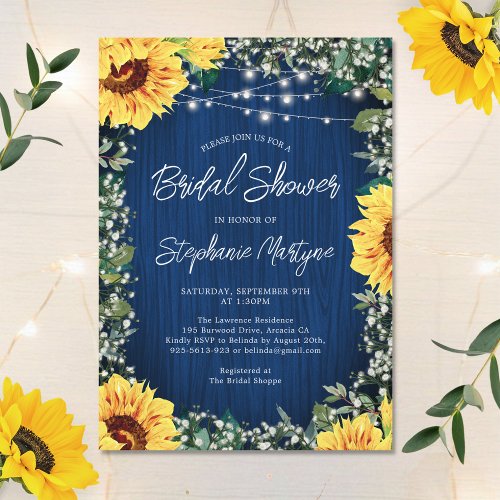 Navy Blue Sunflower Lights Bridal Shower Invitation