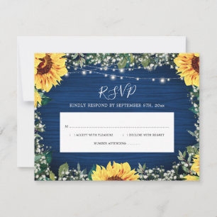 Navy Blue Sunflower Lights Rustic RSVP Card