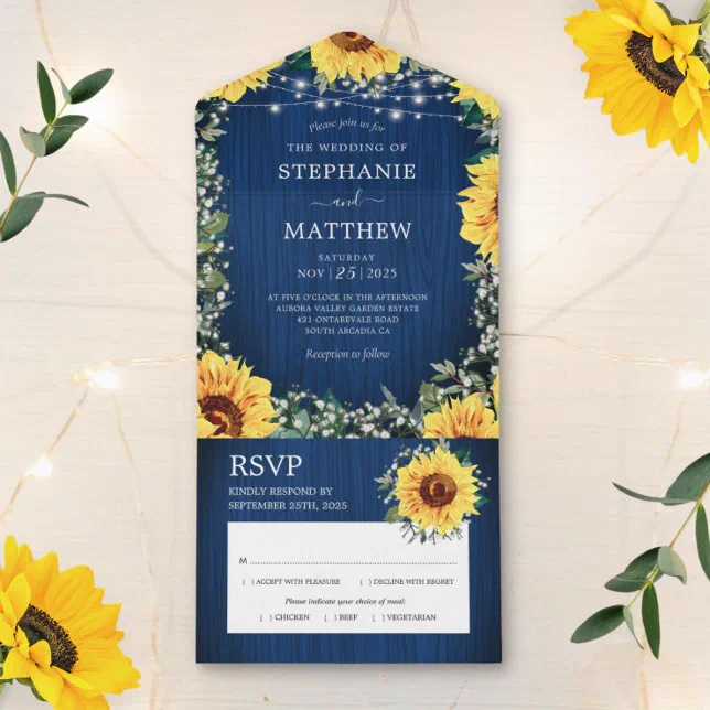 Navy Blue Sunflower Lights Rustic Wedding All In One Invitation Zazzle